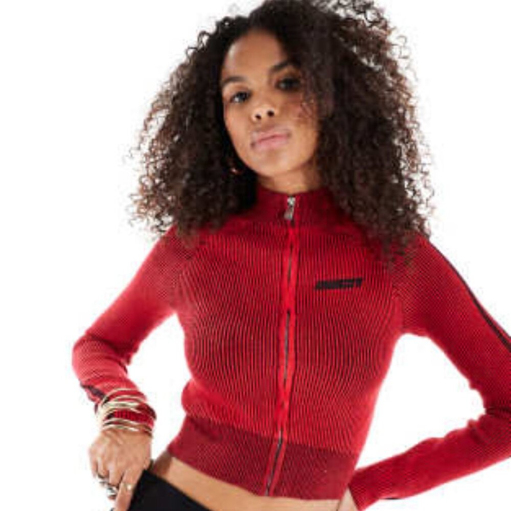 Bershka zip through ribbed sweater in red